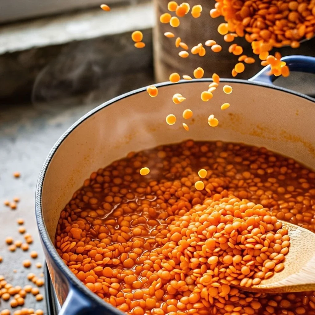 Red lentils cooking in a pot