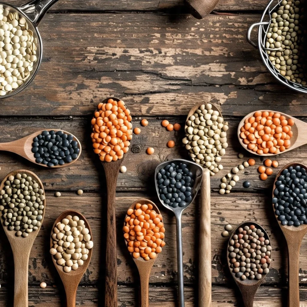 Red, green, and brown lentils displayed in wooden spoons
