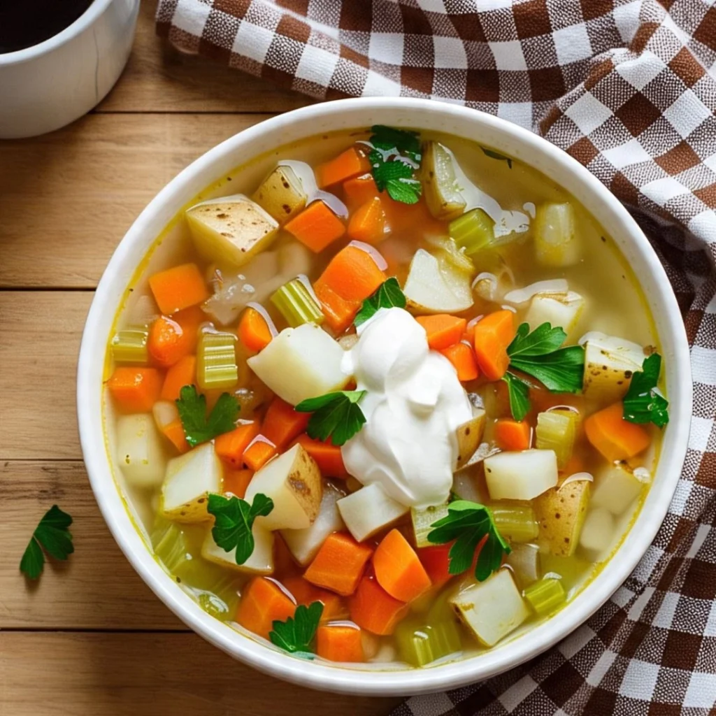 Bowl of busy day soup with fresh vegetables and herbs on a rustic wooden table