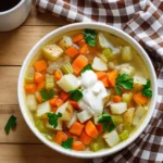 Bowl of busy day soup with fresh vegetables and herbs on a rustic wooden table