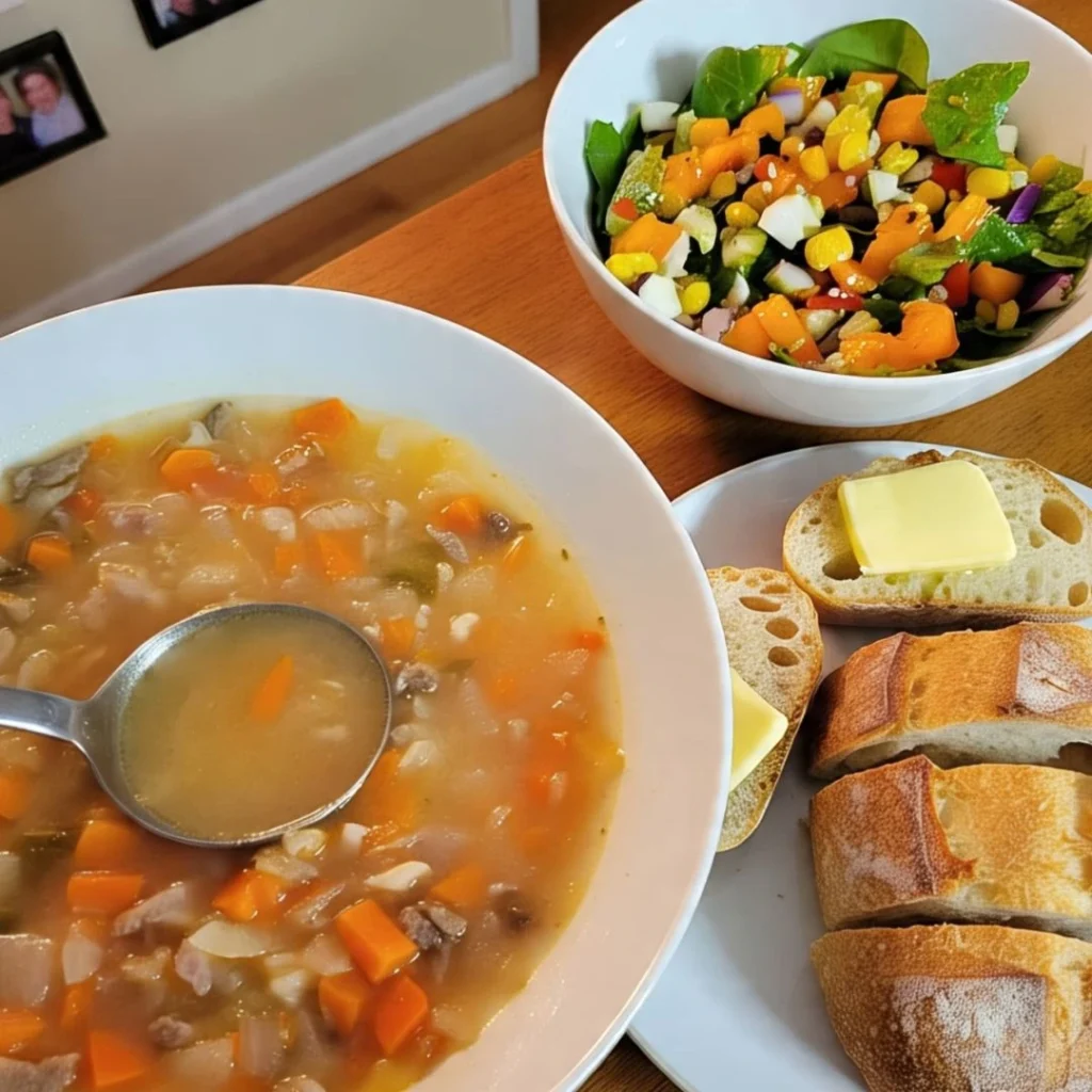 Bowl of busy day soup served with crusty bread and fresh salad