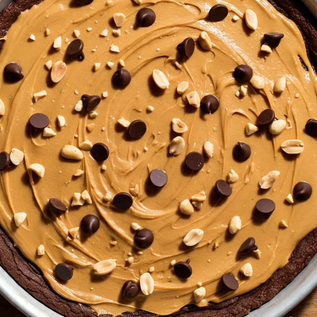 Brownie lover’s peanut butter pizza with creamy peanut butter layer and colorful toppings