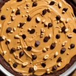 Brownie lover’s peanut butter pizza with creamy peanut butter layer and colorful toppings