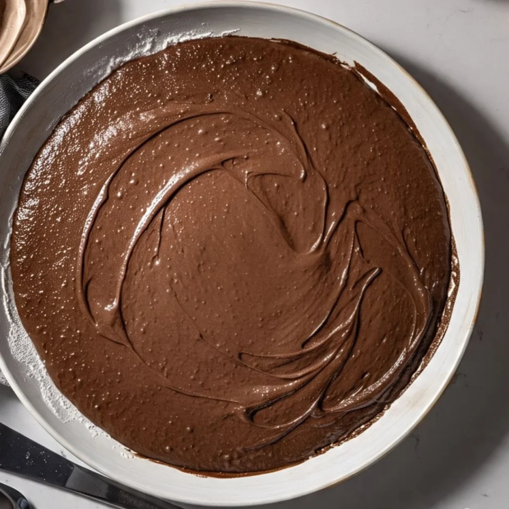 Brownie batter evenly spread in a round pizza pan