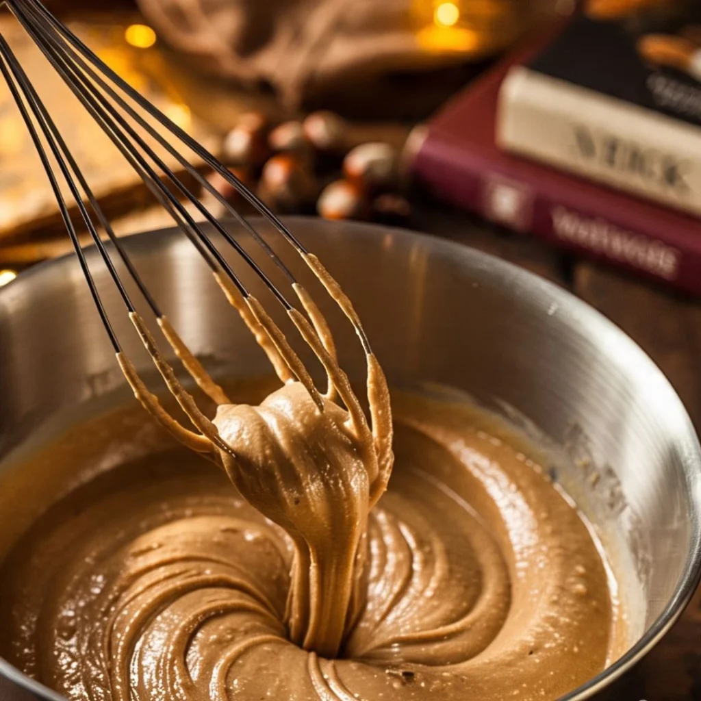 Mixing peanut butter, powdered sugar, vanilla, and cream in a bowl