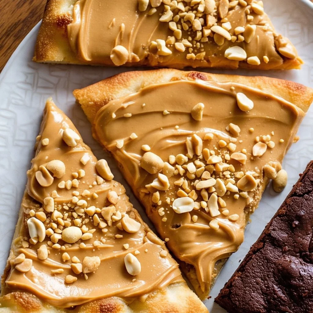 Slices of brownie lover’s peanut butter pizza arranged on a serving plate