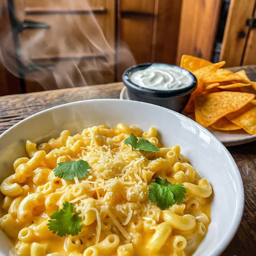 Creamy taco macaroni in a white bowl garnished with fresh cilantro and shredded cheese