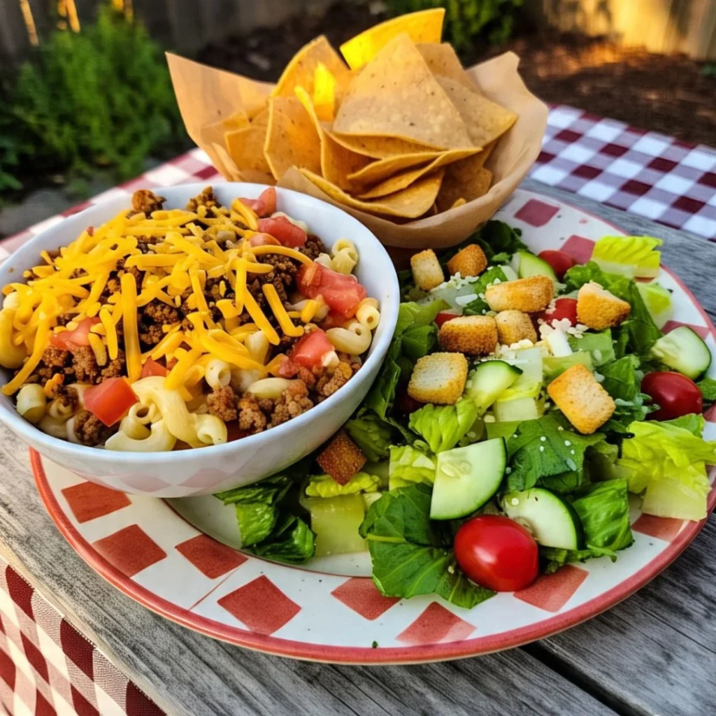 Serving taco macaroni with a side salad and tortilla chips