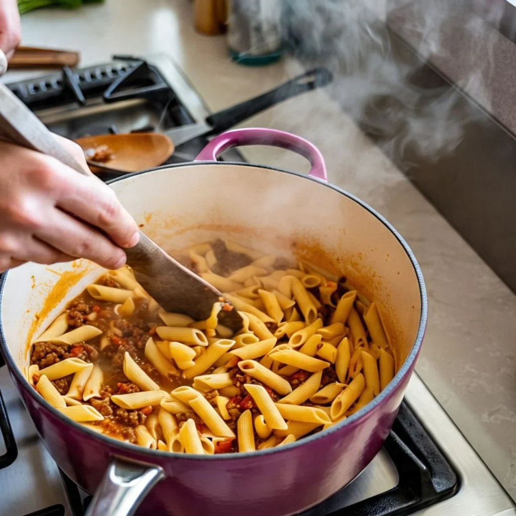 Adding taco seasoning and pasta to the skillet with broth